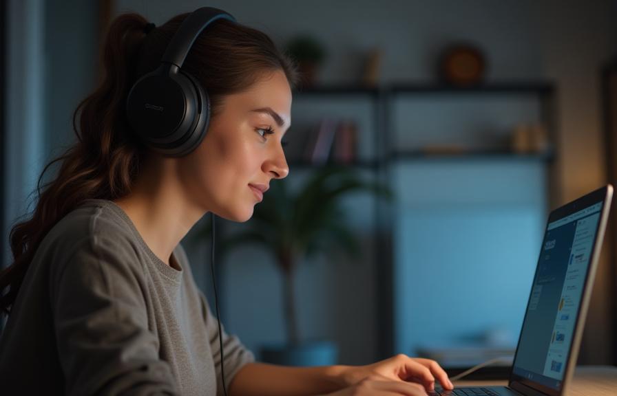 Person wearing high-quality headphones while attending an online event